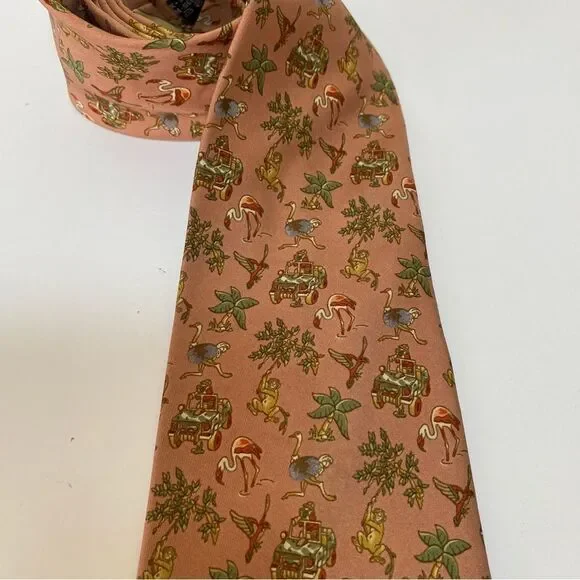 FERRAGAMO Vintage Silk Novelty Jungle Safari Monkey Ostrich Print Neck Tie Tan - Picture 3 of 8